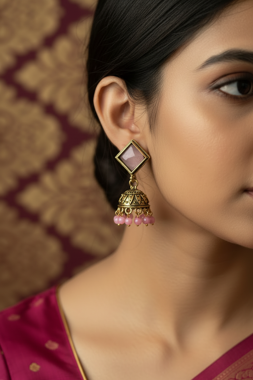Oxidized Gold-Look Jhumka Earrings with Square Stone & Beads