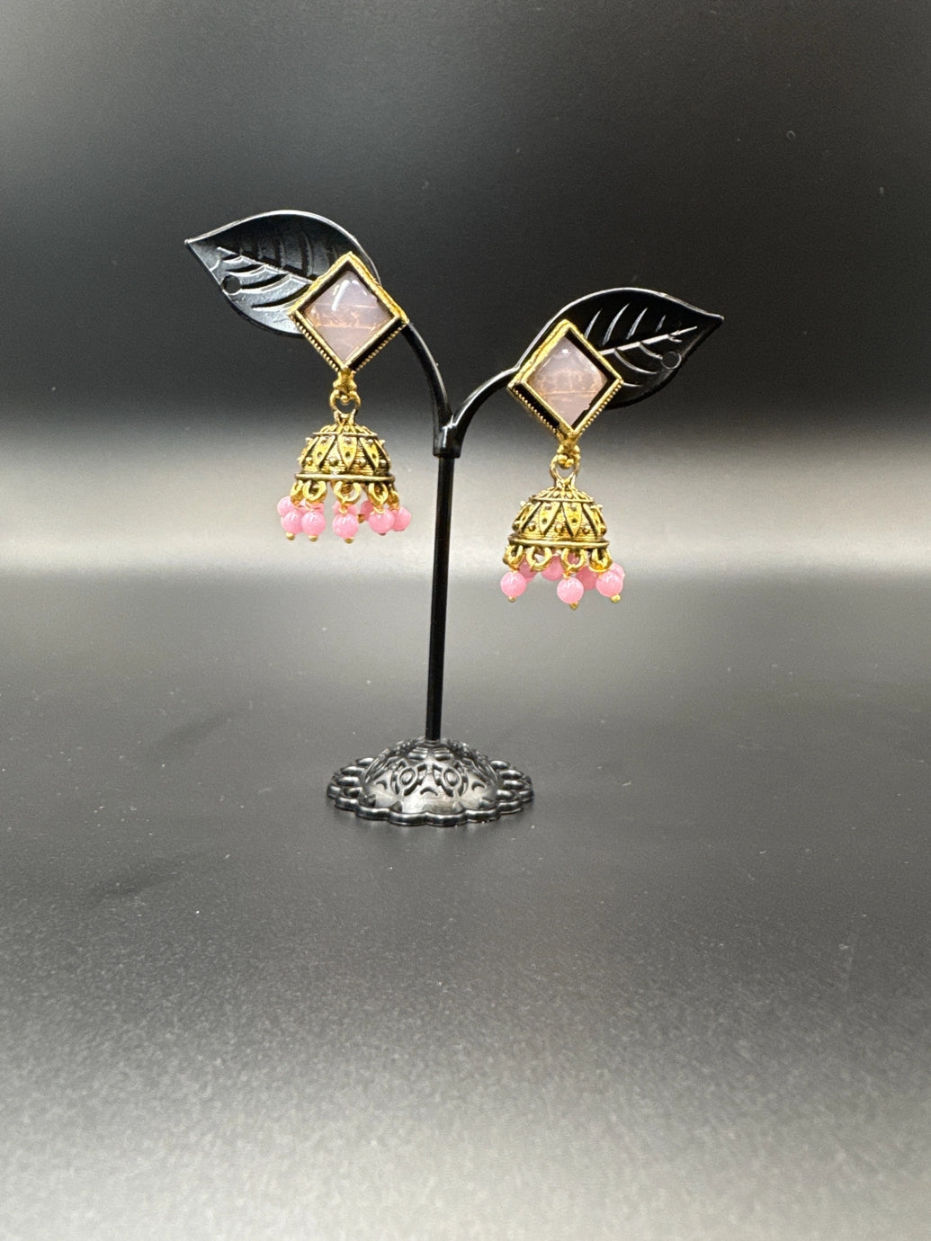 Oxidized Gold-Look Jhumka Earrings with Square Stone & Beads Jewelry JCS Fashions Pink 1.50 inch