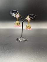 Oxidized Gold-Look Jhumka Earrings with Square Stone & Beads Jewelry JCS Fashions Pink 1.50 inch