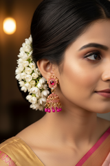 Red Antique Look Floral Jhumka Earrings - Gold-Tone