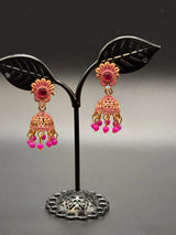 Antique Look Floral Jhumka Earrings - Gold-Tone Traditional Jhumkas in Maroon, Royal Blue, Light Blue, Pink & Green - Pair Jewelry JCS Fashions Pink 1 inch