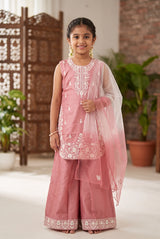 Girls Chanderi 3-Piece Palazzo Set with Embellished Sleeveless Kurti, Matching Palazzo & Dupatta - Pink