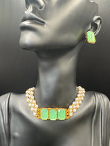 Gold-Tone Pearl Choker Necklace Set with Imitation Stones and Matching Stud Earrings Jewelry JCS Fashions Pista Green 7 inch