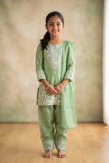 Girls Salwar Suit 3-Piece Set with Embroidered Kurti, Matching Salwar & Dupatta (Lavender/Pink/Pista Green) - Pista Green