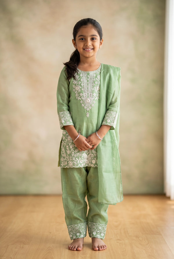 Girls Salwar Suit 3-Piece Set with Embroidered Kurti, Matching Salwar & Dupatta (Lavender/Pink/Pista Green) - Pista Green