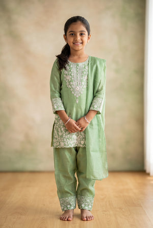 Girls Salwar Suit 3-Piece Set with Embroidered Kurti, Matching Salwar & Dupatta (Lavender/Pink/Pista Green)