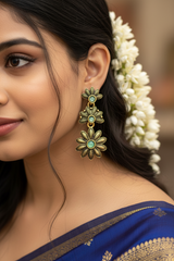 Antique Gold-Tone Floral Drop Earrings with Multi-Colored Stones