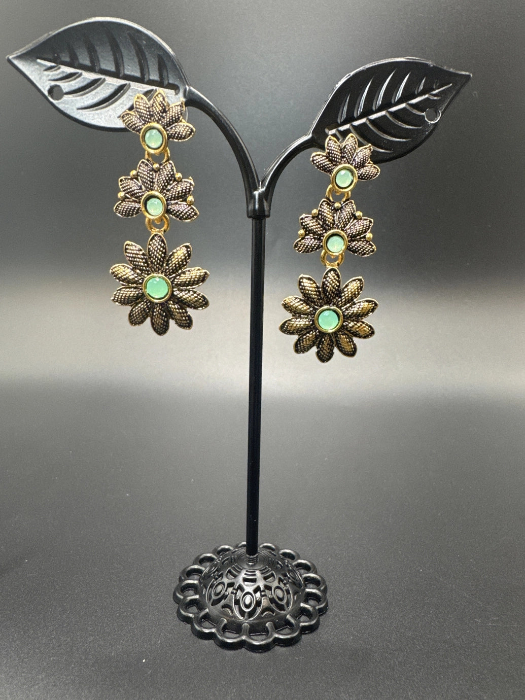 Antique Gold-Tone Floral Drop Earrings with Multi-Colored Stones