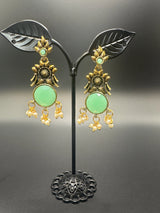 Gold-Tone Floral Chandbali Earrings with Round Stone & Pearl Drops Jewelry JCS Fashions Pista green 2 inch