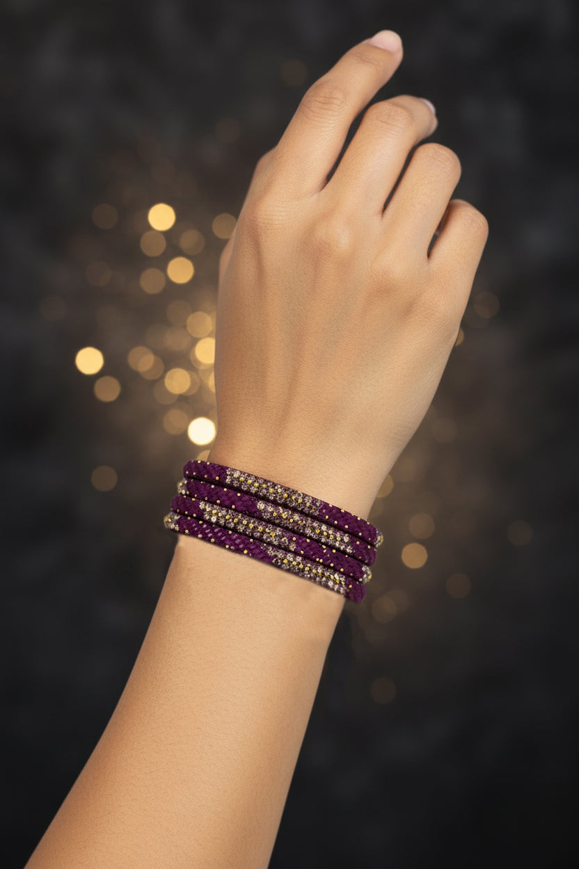 Multicolour Crystal Beaded Bangles Set with Gold-Tone Sparkle for Festive Wear and Weddings (Red/Light Blue/Purple)