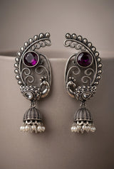 Antique Oxidized Silver Peacock Jhumka Drop Earrings with Pearl Beads (Navy Blue, Purple, Mint Green) - Purple