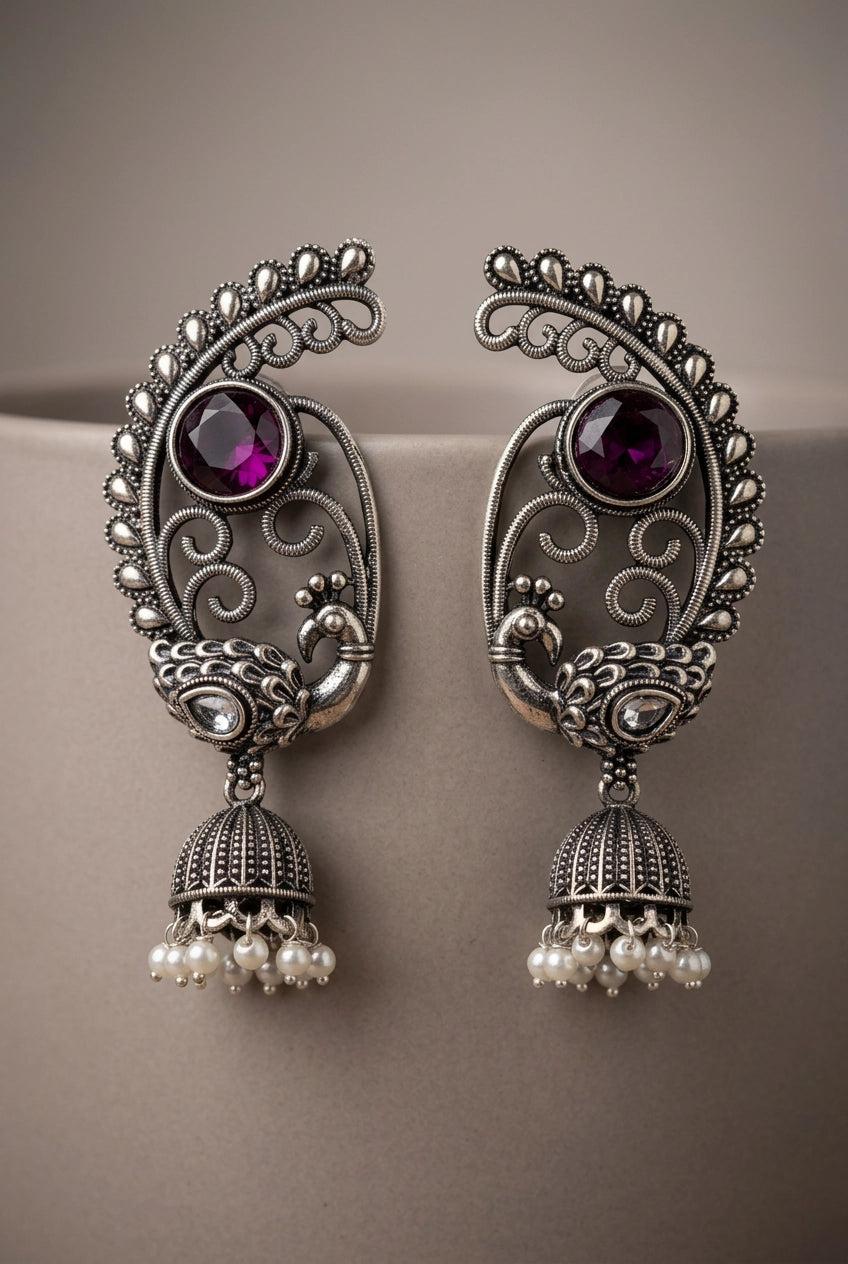 Antique Oxidized Silver Peacock Jhumka Drop Earrings with Pearl Beads (Navy Blue, Purple, Mint Green) - Purple