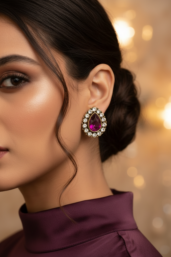 Purple Teardrop Stud Earrings – Kundan-Style Gold-Tone Halo with Faceted Purple Stone, 1 inch Fashion Jewellery