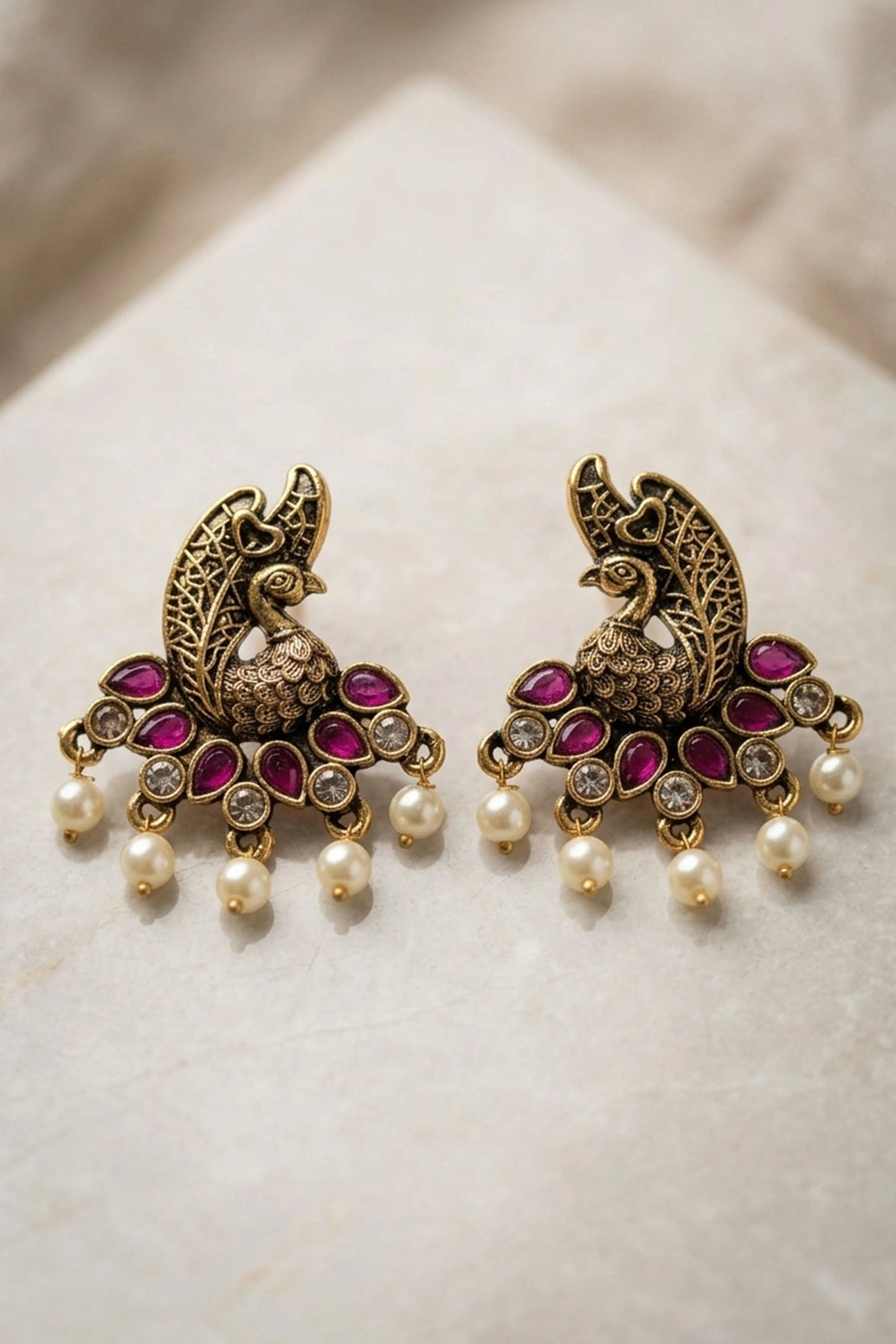 Peacock Motif Traditional Statement Earrings with Teardrop Stones and Pearl Drops - Purple