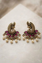Peacock Motif Traditional Statement Earrings with Teardrop Stones and Pearl Drops - Purple