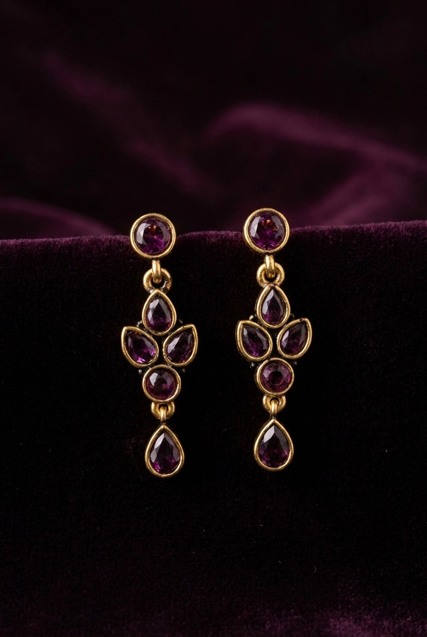Sona Novelty Gold-Tone Drop Earrings with Multi Stone Teardrop Dangles for Traditional & Festive Wear - Purple