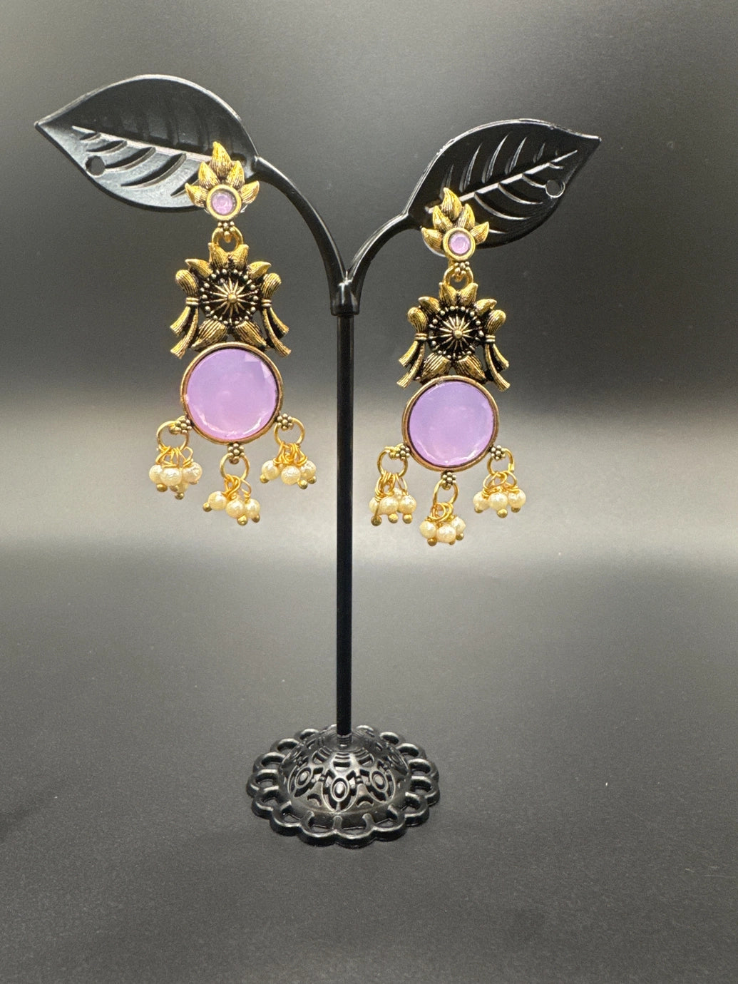 Gold-Tone Floral Chandbali Earrings with Round Stone & Pearl Drops