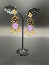 Gold-Tone Floral Chandbali Earrings with Round Stone & Pearl Drops Jewelry JCS Fashions Purple 2 inch