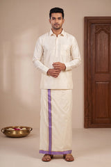 Men Off-White Cotton Dhoti with Woven Check Border and Zari Lines (2 Metre Single Veshti) - Purple