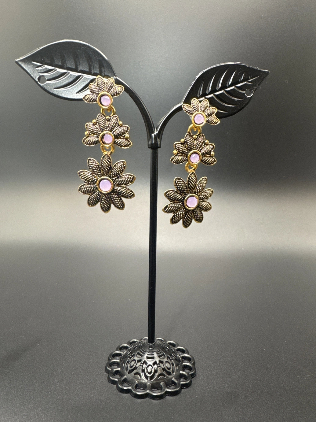 Antique Gold-Tone Floral Drop Earrings with Multi-Colored Stones