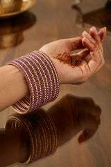 Stone Studded Metallic Bangle Set with Sparkling Rows (Purple/Light Orange/Bright Green) - Purple