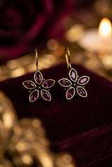 Flower Petal Drop Hook Earrings in Antique Gold Tone with Marquise Stones (Purple, Mint Green, Multi) - Purple