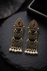 Sona Novelty Antique Gold-Tone Traditional Drop Earrings with Pearl Bead Drops, Rectangular Pattern Panels - Purple