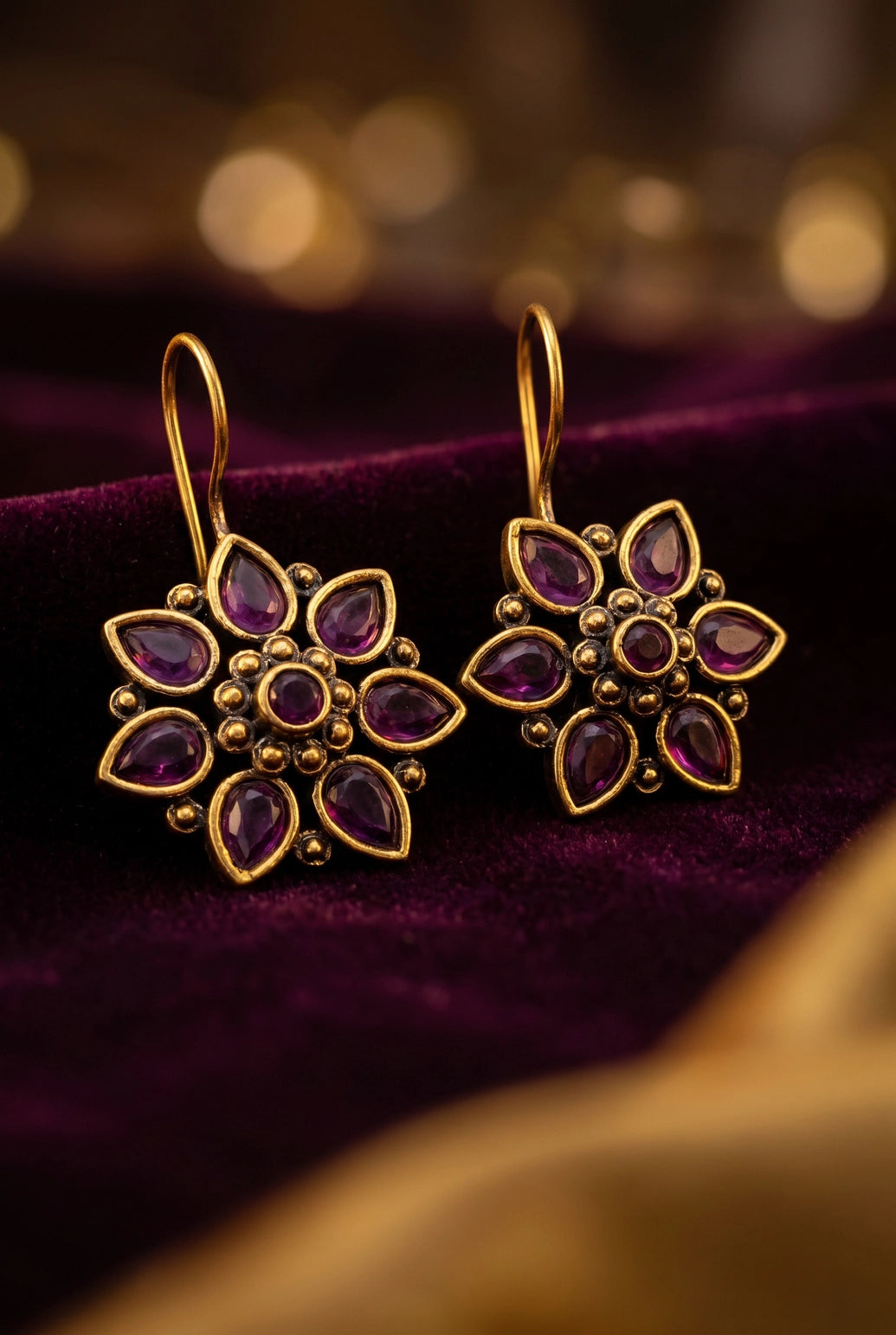 Antique Gold-Tone Floral Teardrop Stone Cluster Hook Earrings for Women - Purple