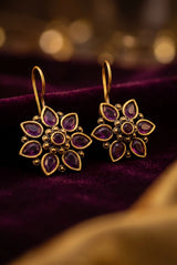 Antique Gold-Tone Floral Teardrop Stone Cluster Hook Earrings for Women - Purple