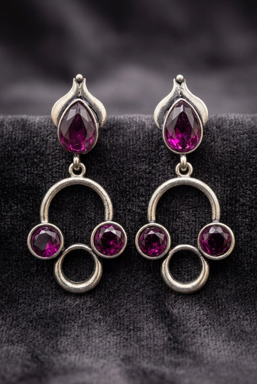 Silver-Tone Stone Drop Earrings with Circular Cluster Design for Women - Purple