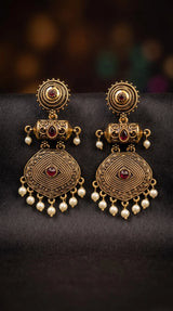 Antique Gold-Tone Circular Stud & Pearl Drop Statement Earrings for Festive Ethnic Wear - Purple