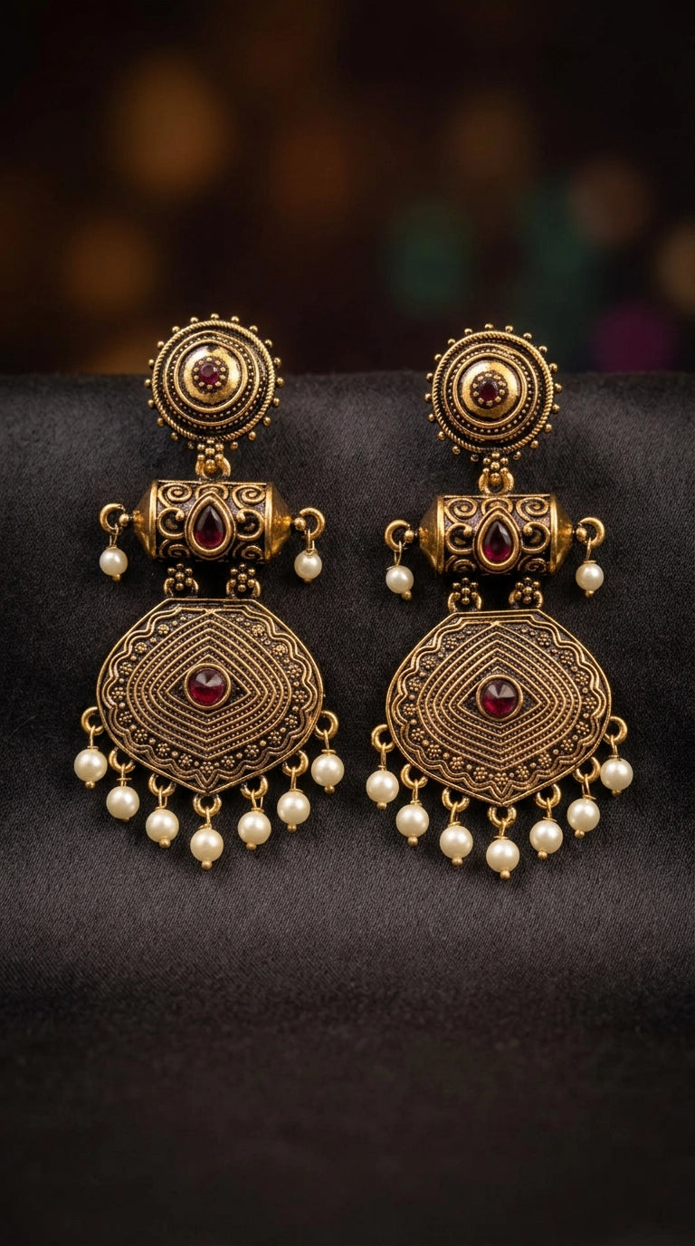 Antique Gold-Tone Circular Stud & Pearl Drop Statement Earrings for Festive Ethnic Wear - Purple