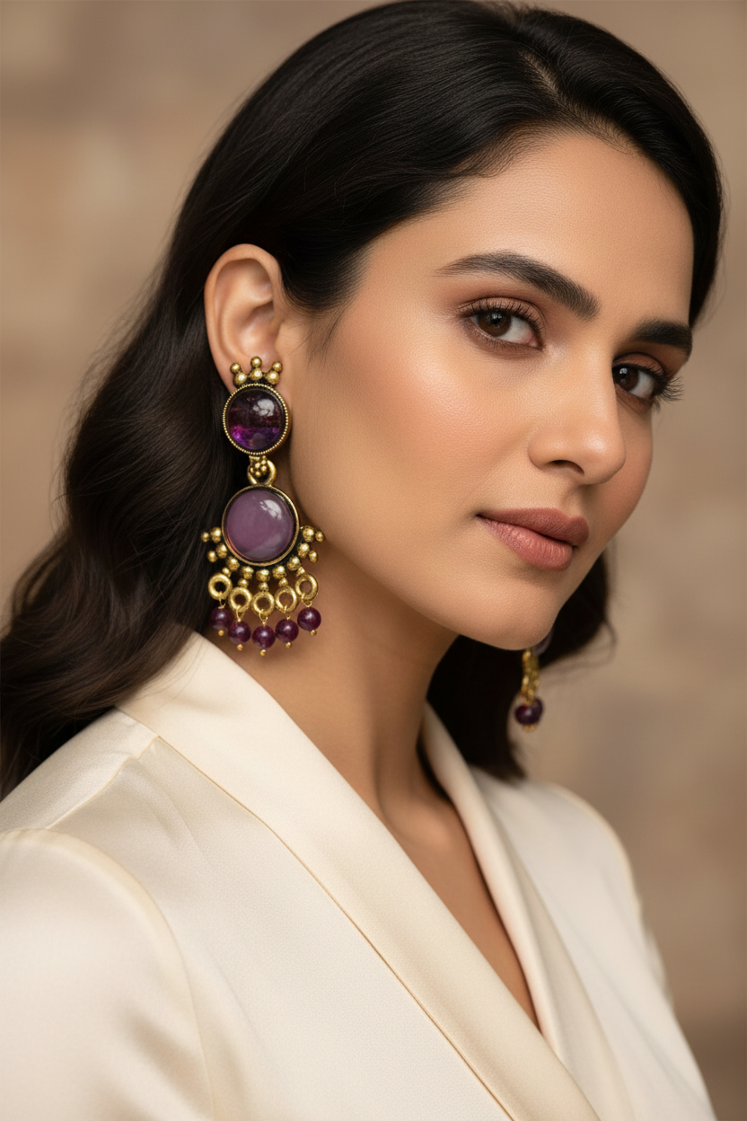 Yellow Gold-Tone Multicolor Beaded Ethnic Jhumka