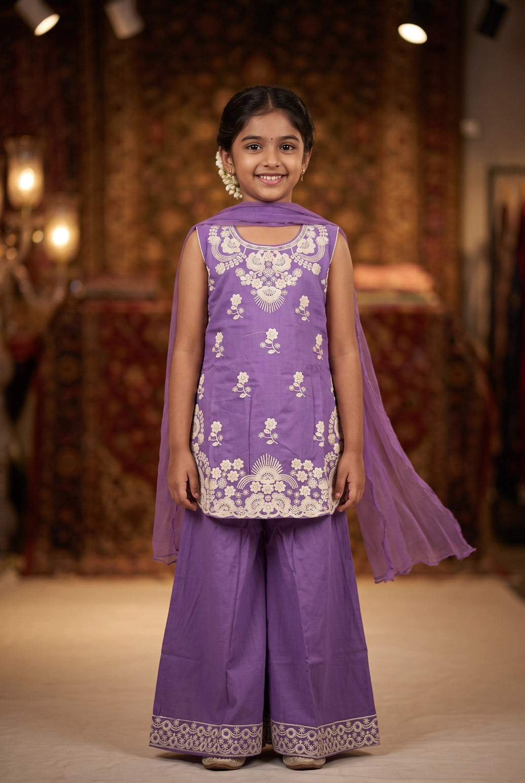 Girls Roman Silk 3-Piece Palazzo Set with Floral Detailing, Sleeveless Top & Dupatta (Pista Green/Pink/Purple) - Purple