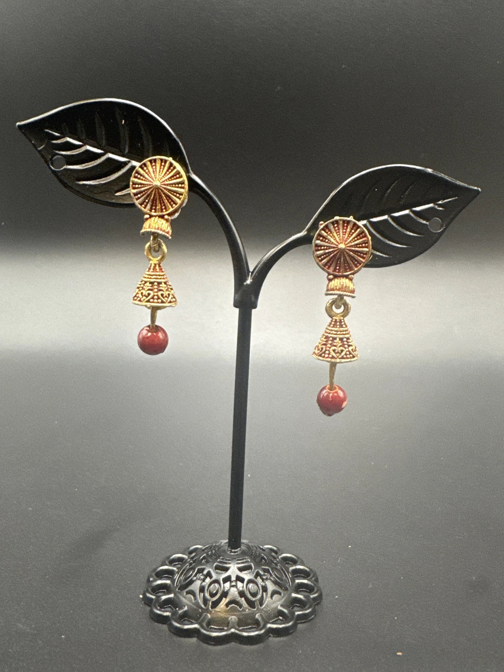 Antique Look Floral Jhumka Earrings – Gold-Tone Jhumki with Coloured Bead Drop (1.5 inch)