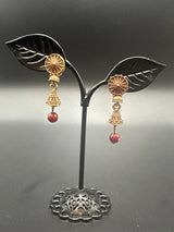 Antique Look Floral Jhumka Earrings – Gold-Tone Jhumki with Coloured Bead Drop (1.5 inch) Jewelry JCS Fashions