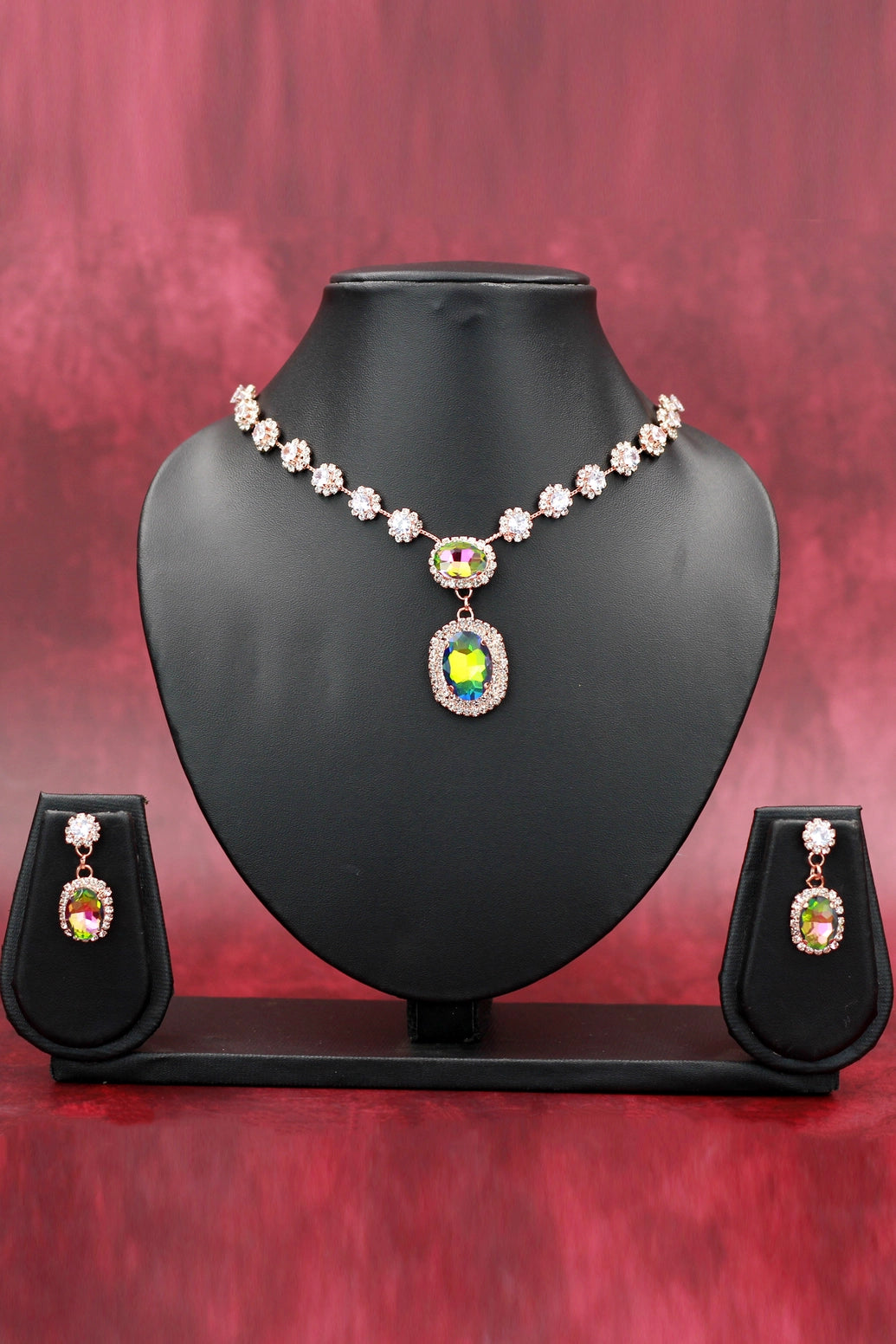 Rose Gold Oval Stone Necklace Set with Matching Drop Earrings for Women (Maroon/Black/White/Rainbow) - Rainbow
