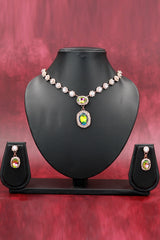 Rose Gold Oval Stone Necklace Set with Matching Drop Earrings for Women (Maroon/Black/White/Rainbow) - Rainbow
