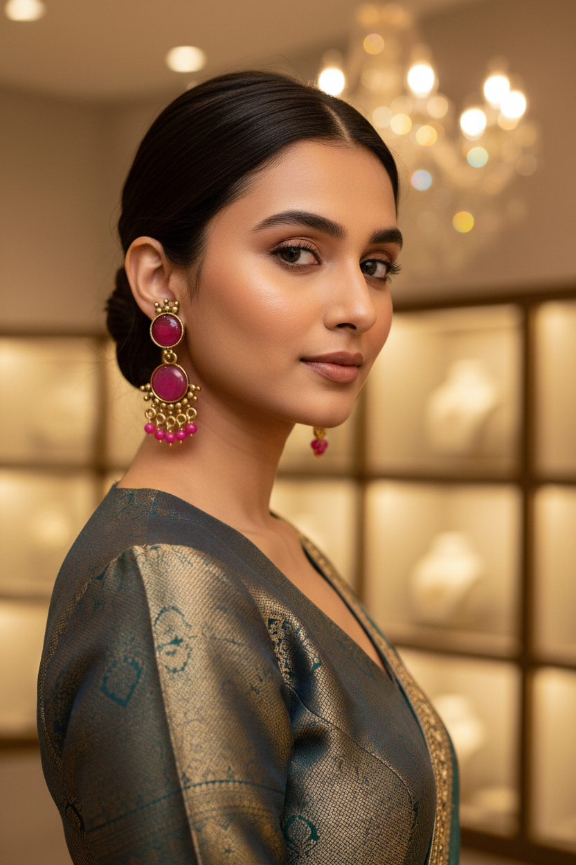 Yellow Gold-Tone Multicolor Beaded Ethnic Jhumka