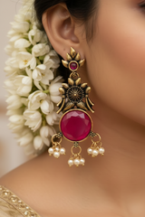 Gold-Tone Floral Chandbali Earrings with Round Stone & Pearl Drops