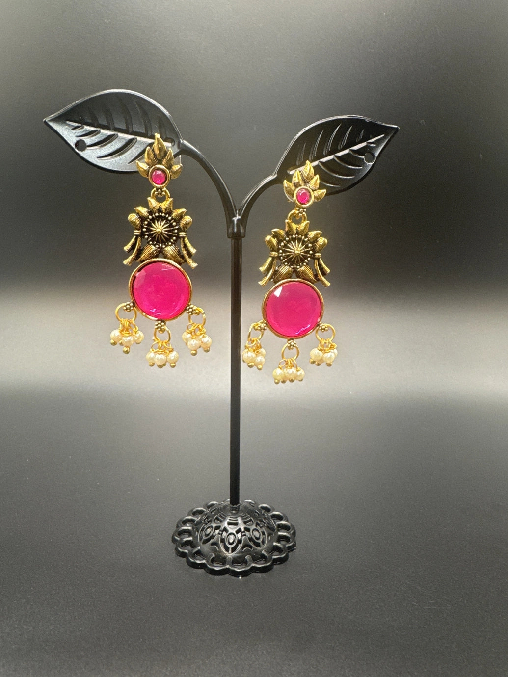 Gold-Tone Floral Chandbali Earrings with Round Stone & Pearl Drops
