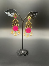 Gold-Tone Floral Chandbali Earrings with Round Stone & Pearl Drops Jewelry JCS Fashions Rani Pink 2 inch