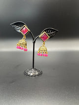 Oxidized Gold-Look Jhumka Earrings with Square Stone & Beads Jewelry JCS Fashions Rani Pink 1.50 inch