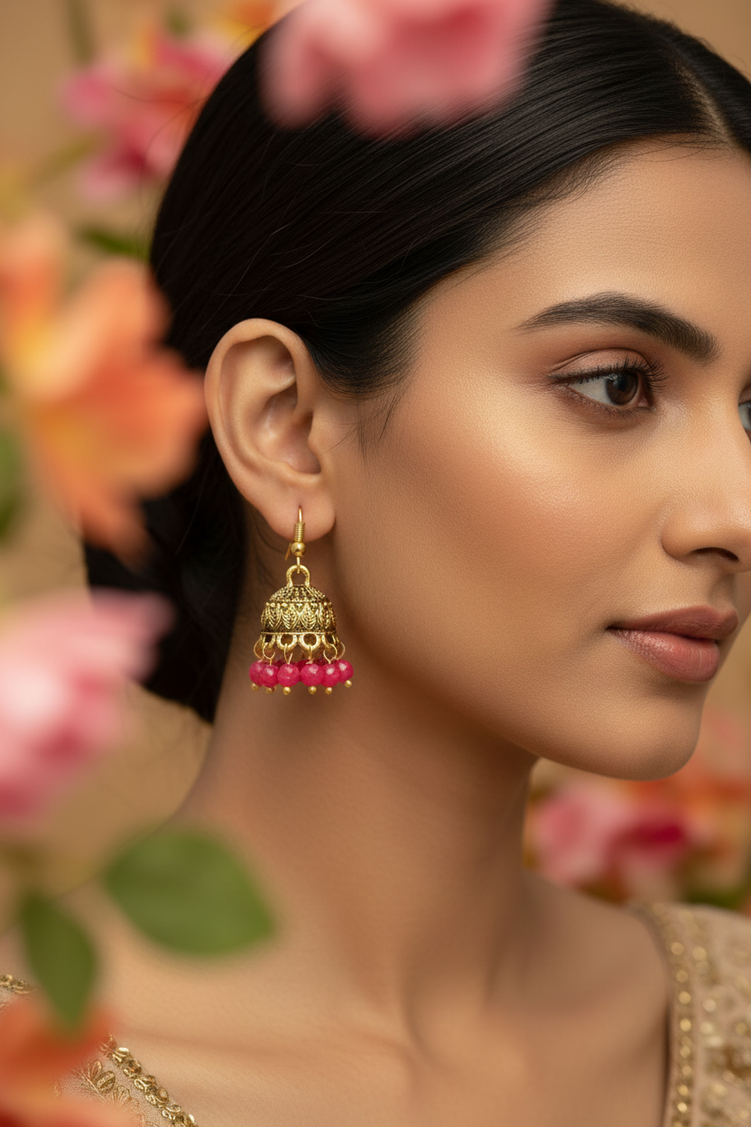 Gold-Tone Traditional Jhumka Earrings with Beaded Drops