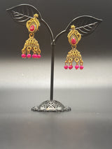 Antique Leaf-Design Jhumka Earrings for Women — Gold-Tone Traditional Jhumkas with Colour Bead Drops Jewelry JCS Fashions Rani pink 1.5 inch