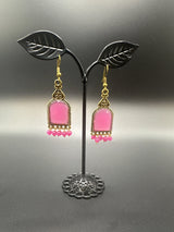 Antique Gold-Tone Arch Drop Earrings with Bead Fringe-Multiple Colours Jewelry JCS Fashions Rani pink 2.2 inch