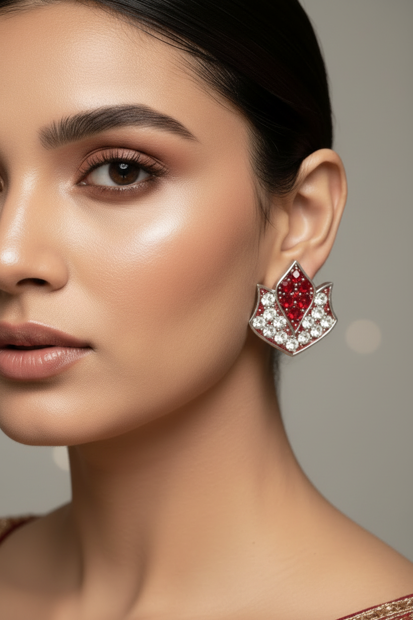 Lotus Design Crystal Stud Earrings for Women - 0.7 inch