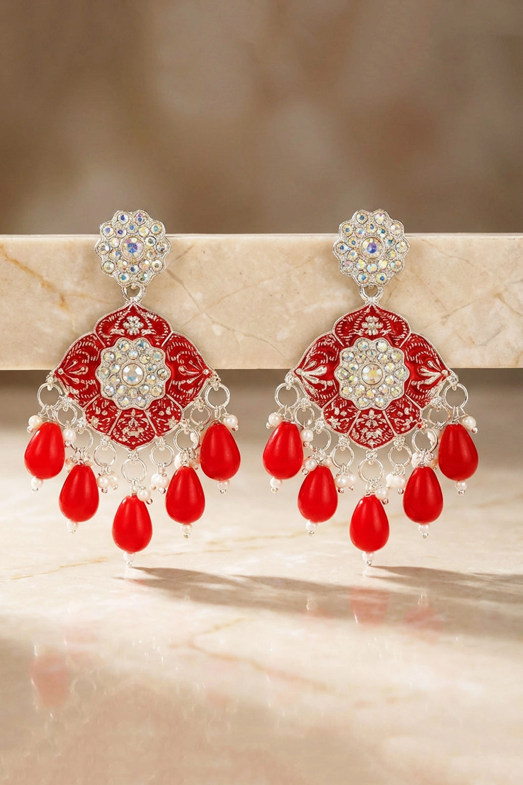 Floral Drop Earrings with Sparkling Multi-Colour Stones and Teardrop Beads - Green/Red/Pink - Red
