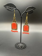 Antique Gold-Tone Arch Drop Earrings with Bead Fringe-Multiple Colours Jewelry JCS Fashions Red 2.2 inch