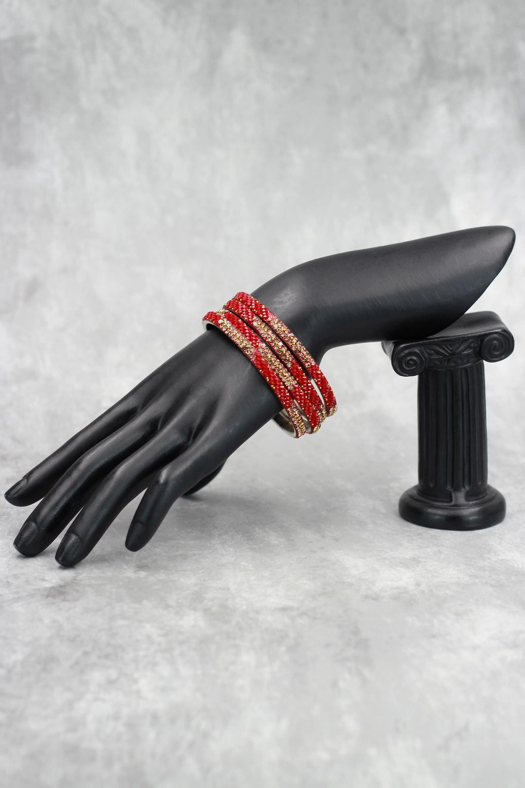 Multicolour Crystal Beaded Bangles Set with Gold-Tone Sparkle for Festive Wear and Weddings (Red/Light Blue/Purple) - Red